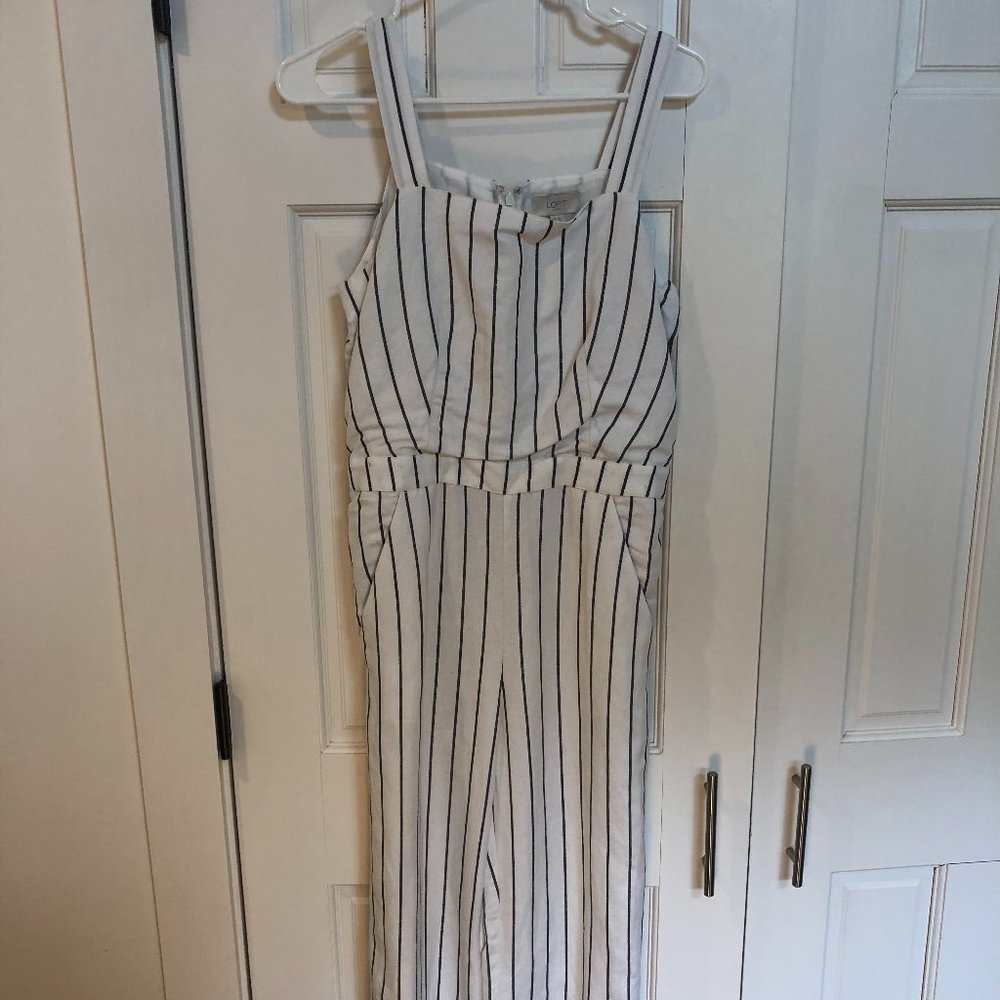 White and Charcoal Stripped Jumpsuit NWOT